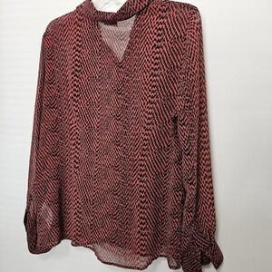 DKNY Blouse Top Womens *L* Black Gray Semi Sheer Draped Layered Tie Button Up